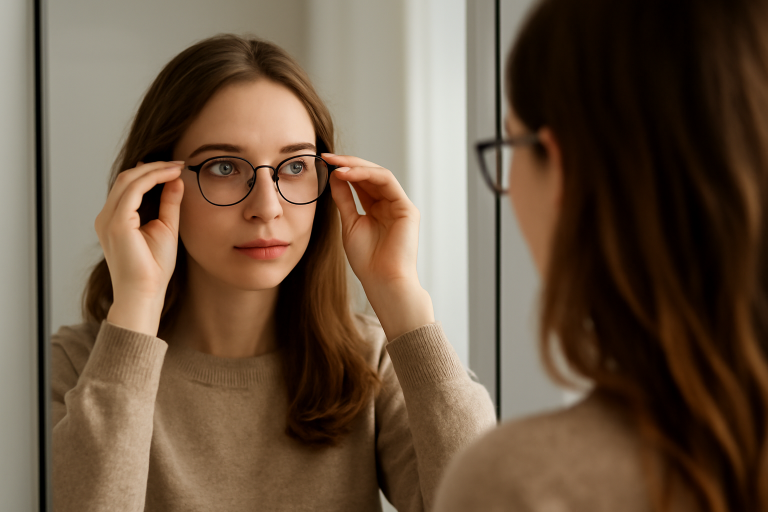 femme essayant des lunettes devant un miroir