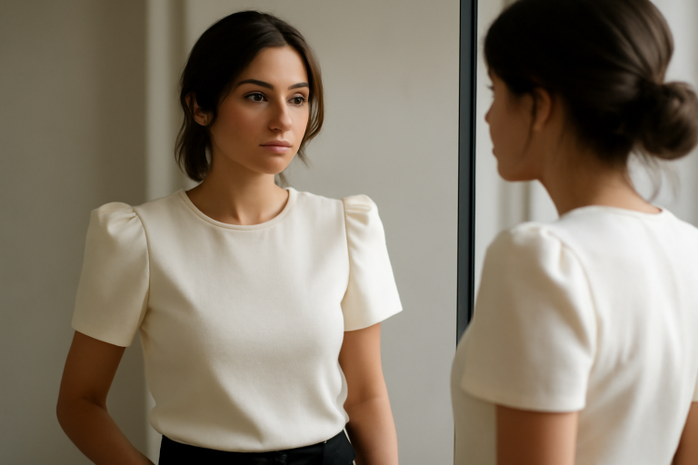femme portant top manches structurees devant miroir