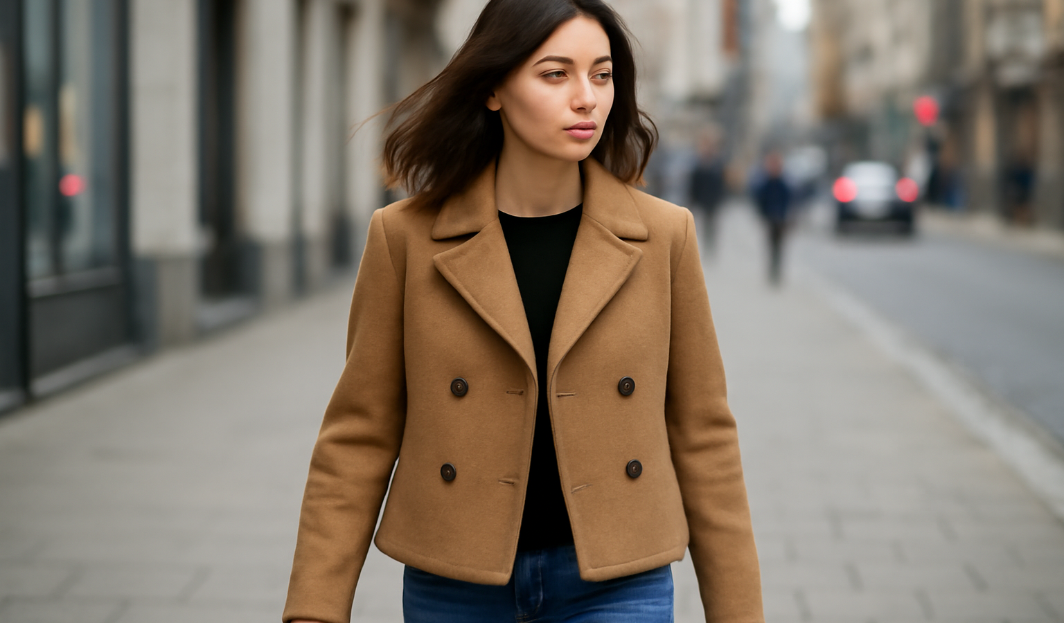 femme en manteau court marchant en ville