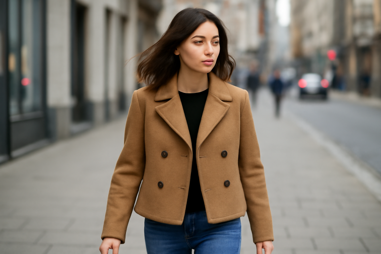 femme en manteau court marchant en ville