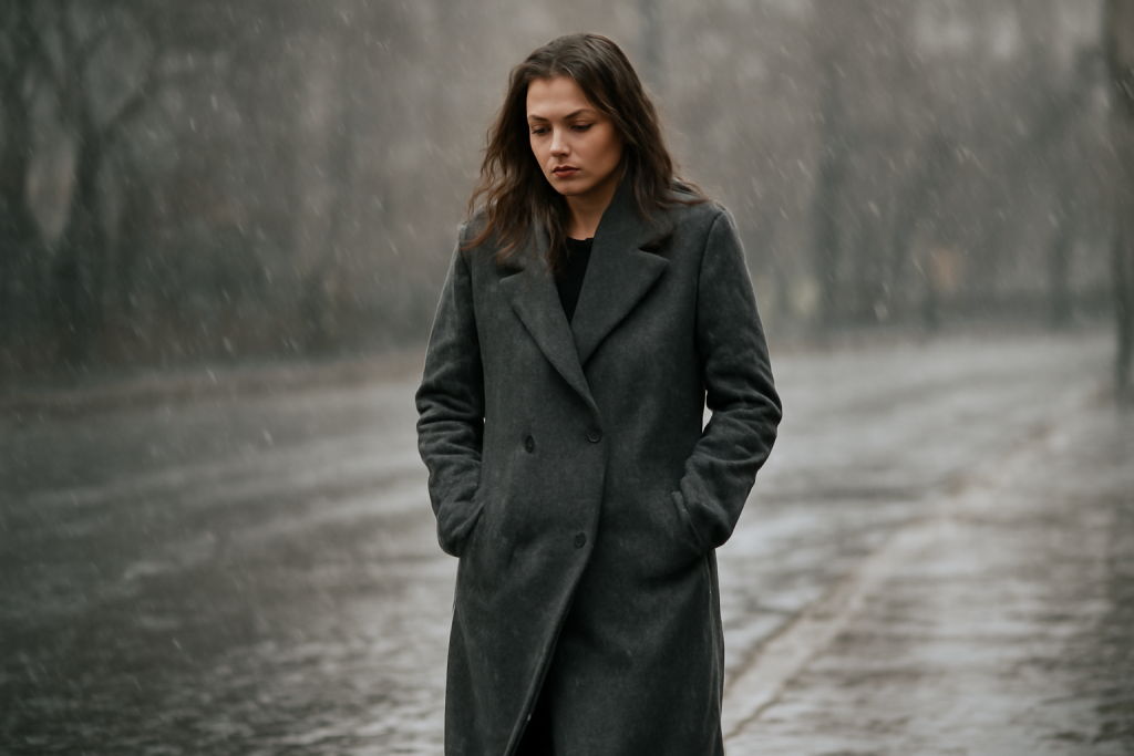 femme en manteau long marchant sous pluie fine