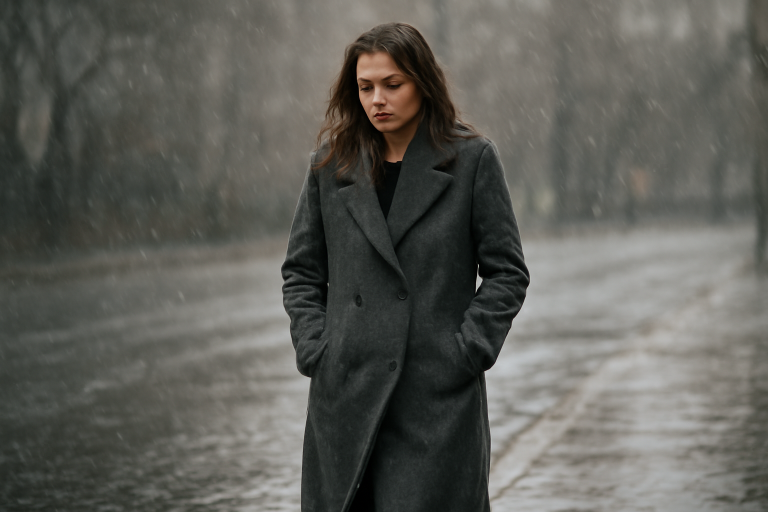 femme en manteau long marchant sous pluie fine