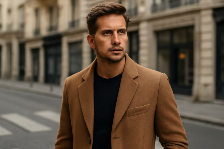 homme portant manteau structuré devant rue