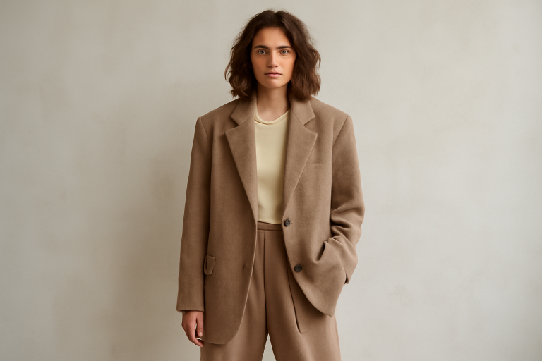 femme portant veste oversize et pantalon ample
