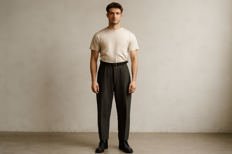 homme debout portant pantalon taille haute