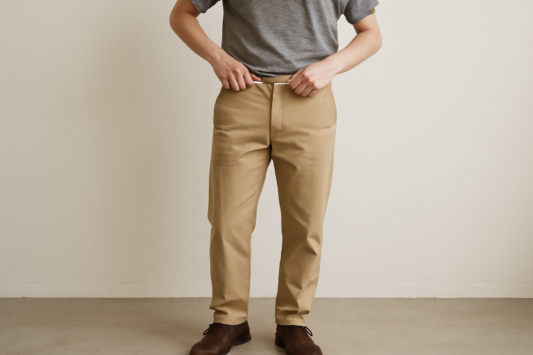 homme ajustant son pantalon chino debout