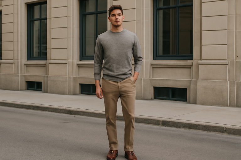 homme en pantalon droit devant immeuble