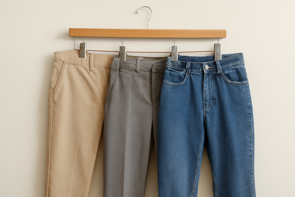 trois pantalons différents posés sur un cintre