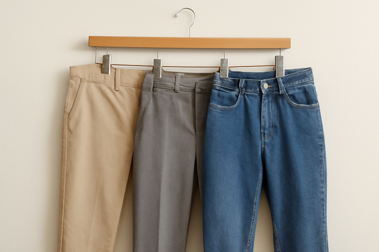 trois pantalons différents posés sur un cintre