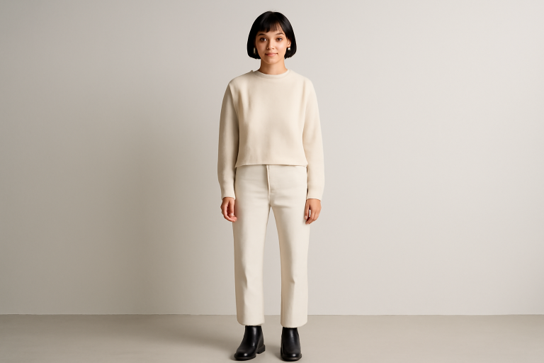 femme petite en look minimal monochrome