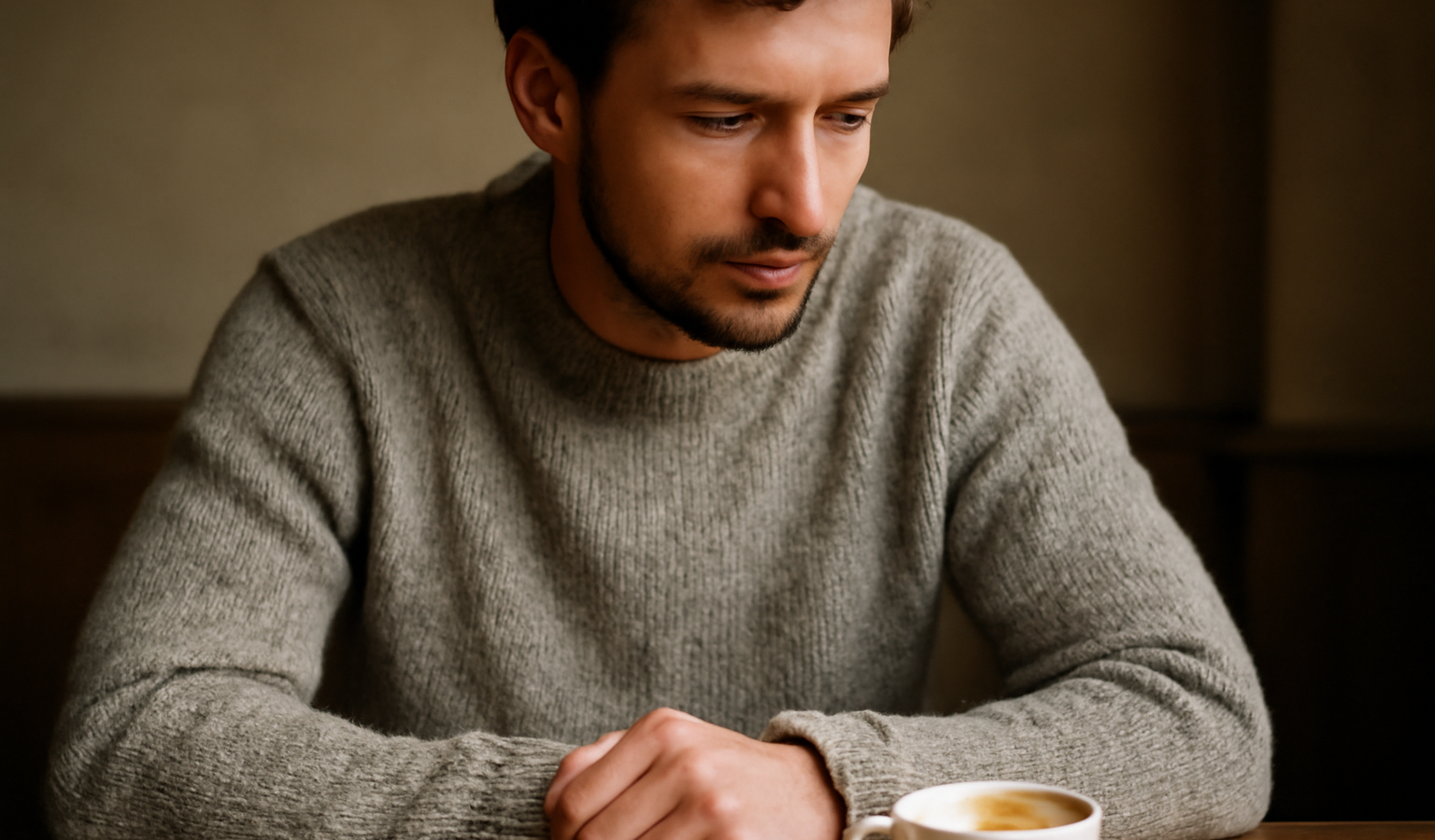 homme portant pull laine devant tasse cafe