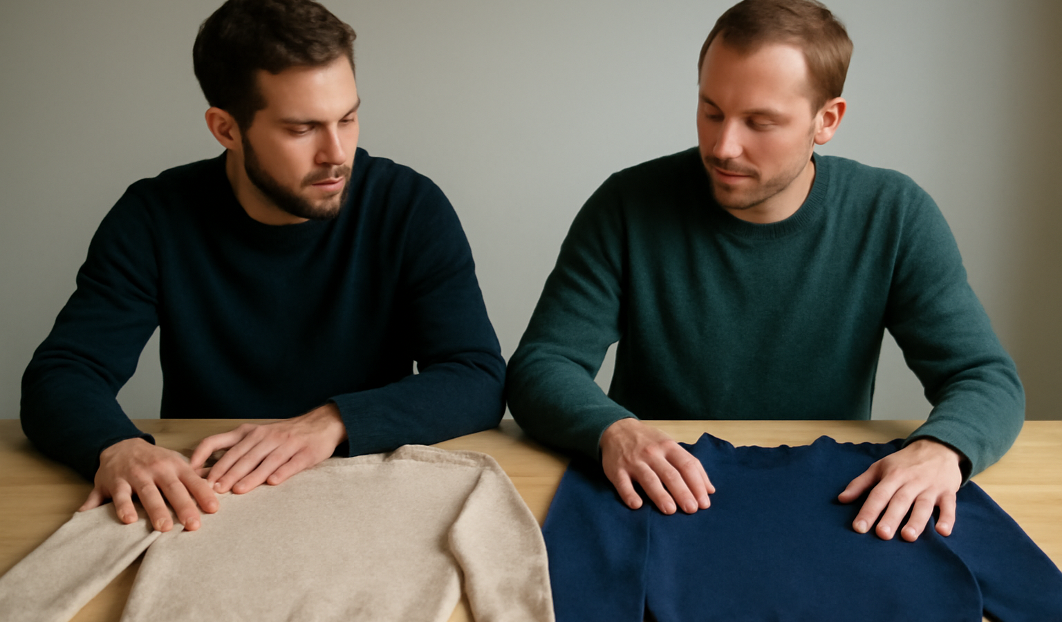deux hommes comparant deux pulls posés côte à côte