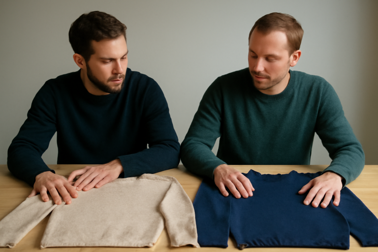 deux hommes comparant deux pulls posés côte à côte