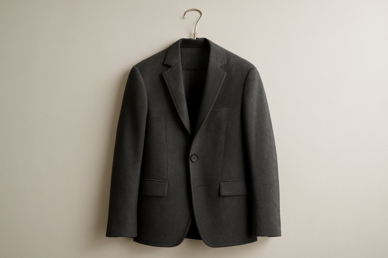 veste structurée suspendue sur cintre minimal