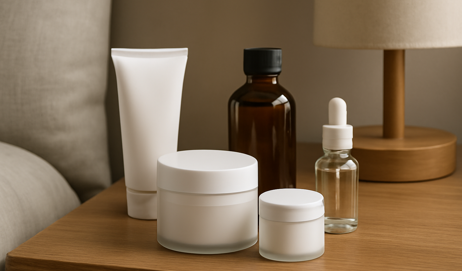 produits de soin posés sur une table de nuit