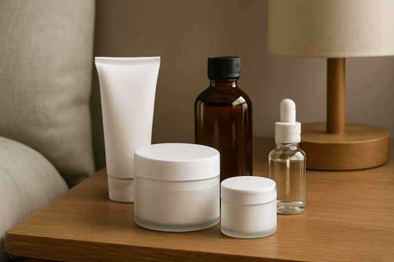 produits de soin posés sur une table de nuit