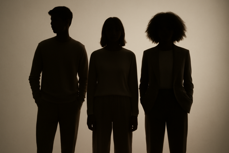 trois silhouettes vêtues de tenues neutres en studio