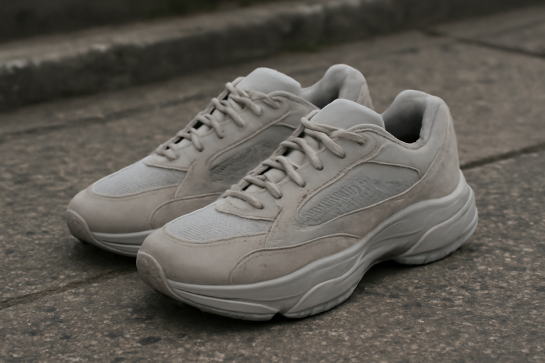 paire baskets larges pose sur sol urbain