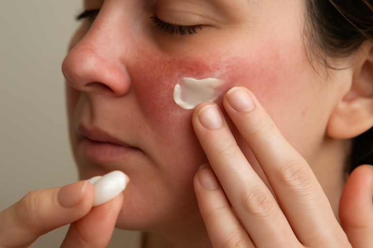 mains appliquant crème sur joue rougie