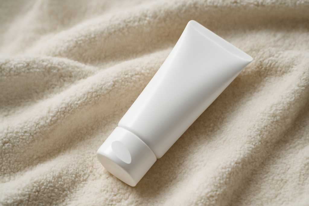 tube creme pose sur serviette douce