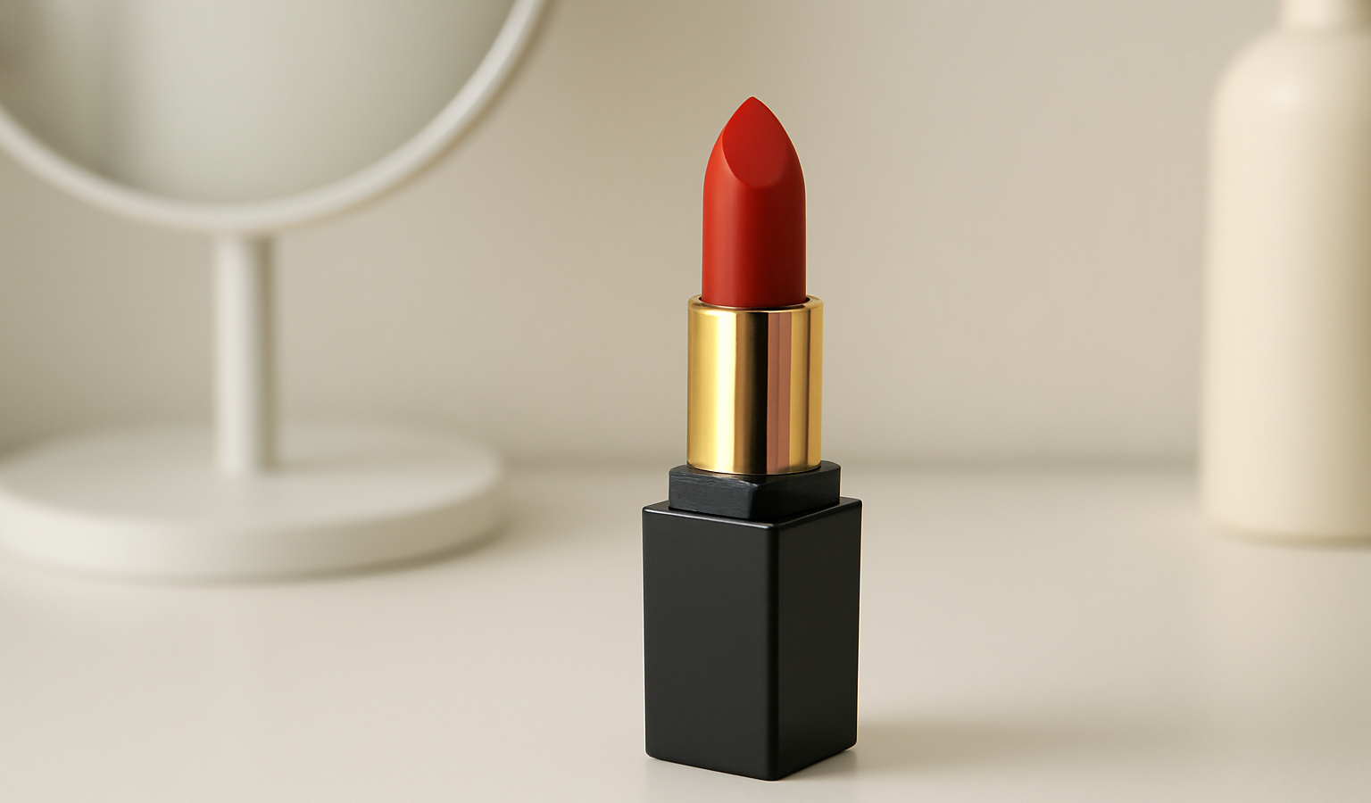 rouge à lèvres posé sur un vanity minimal