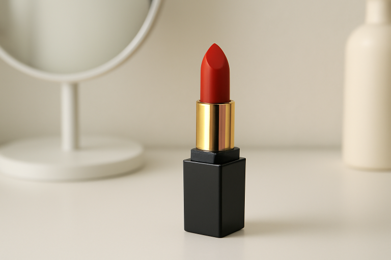 rouge à lèvres posé sur un vanity minimal