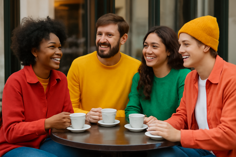 personnes en tenues colorées autour d'un café