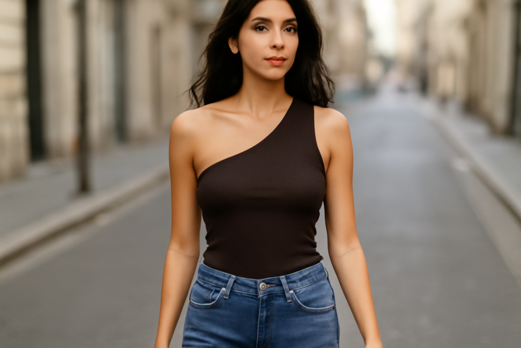 femme portant top asymétrique en rue