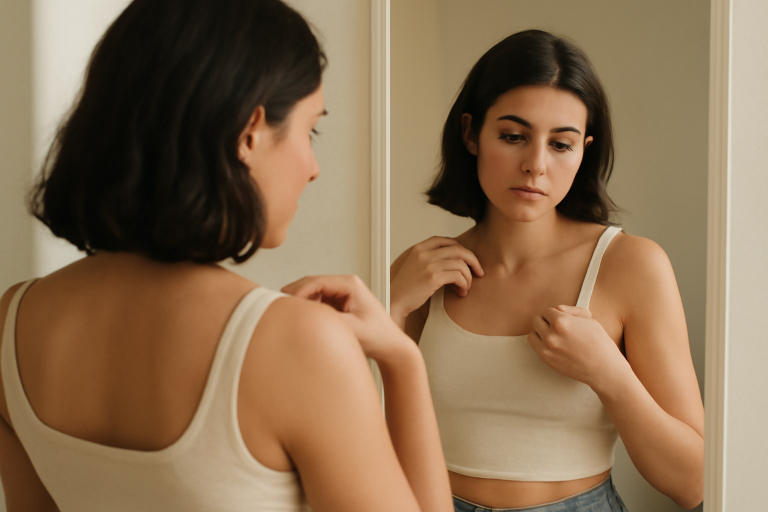 femme ajustant un top devant un miroir