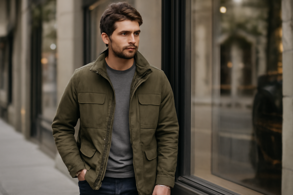 homme portant une veste mi-saison près d'une vitrine