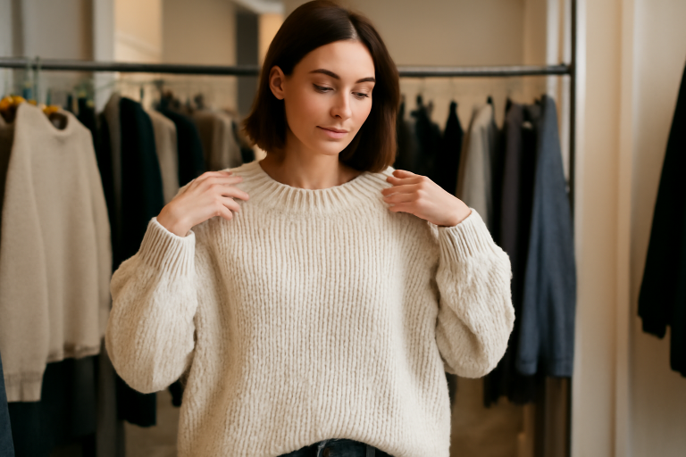 femme essayant un pull ample en magasin