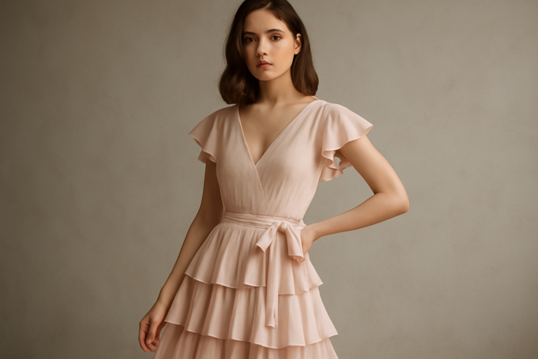 femme dans robe a volants posant