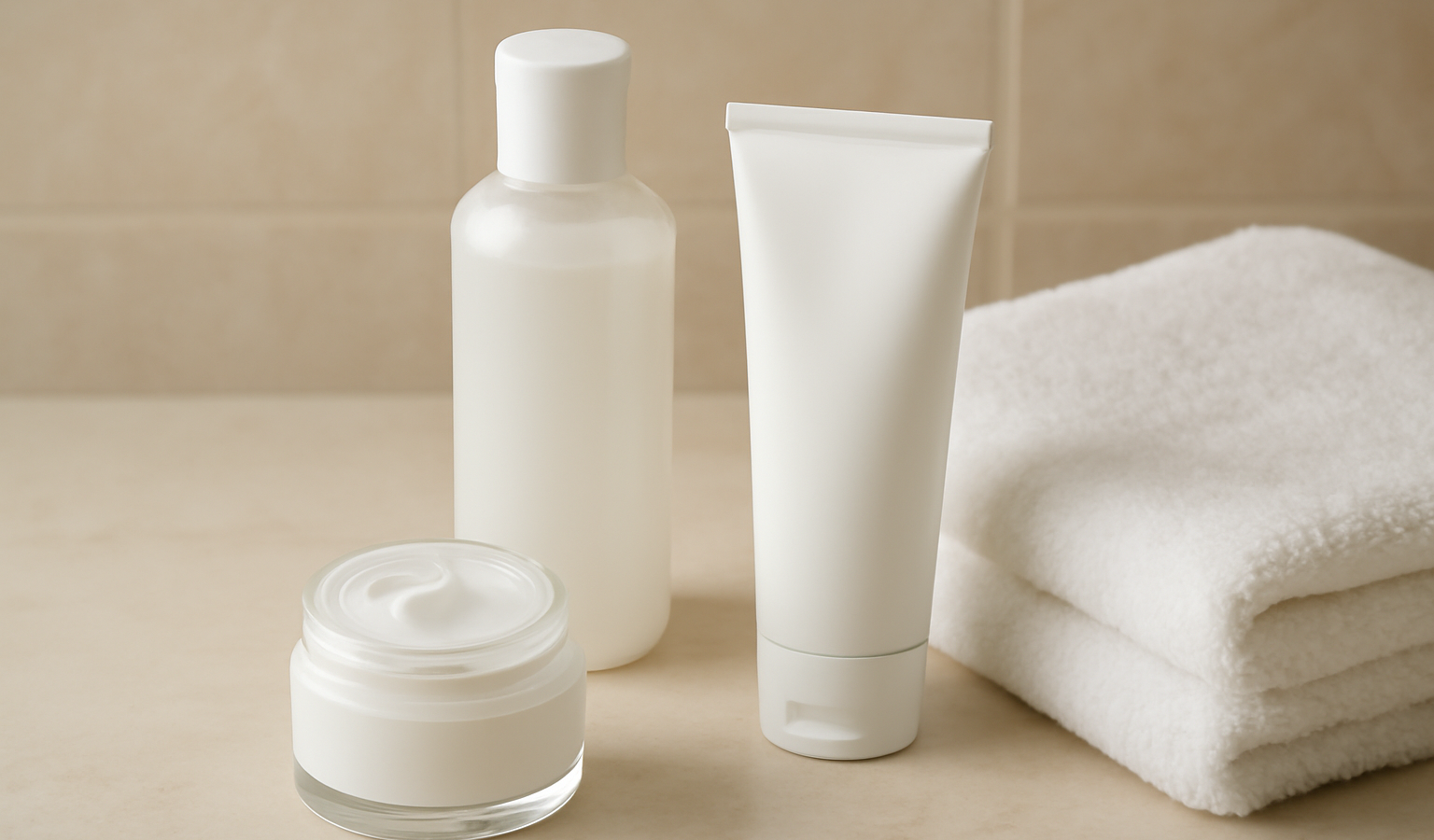 produits hydratants disposes pres d'une serviette