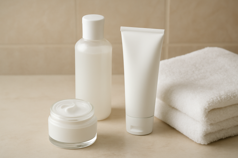 produits hydratants disposes pres d'une serviette