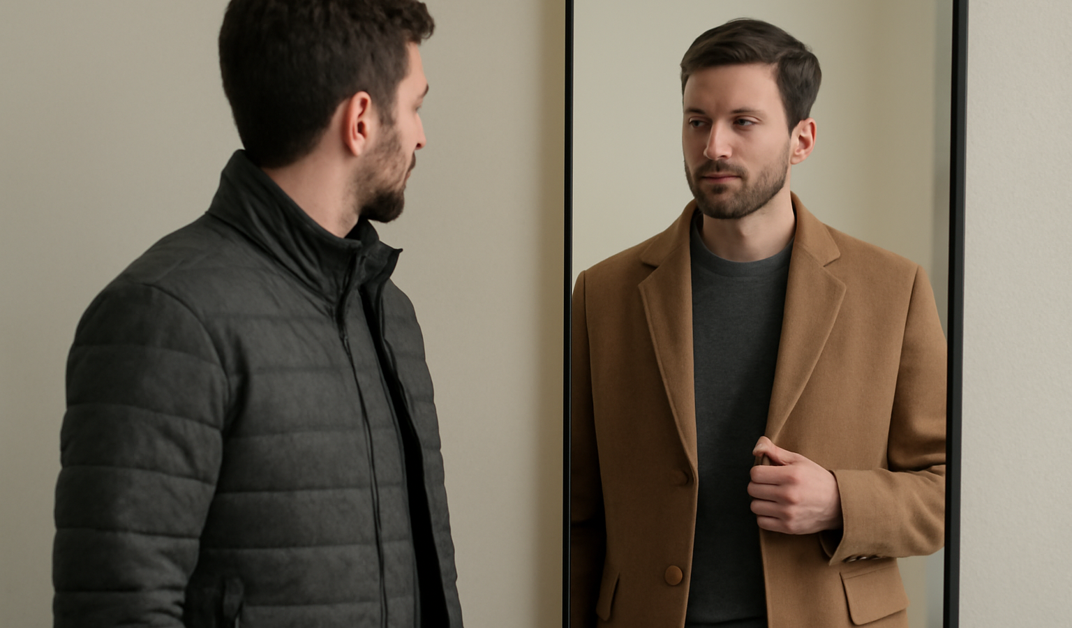homme portant deux vestes devant miroir