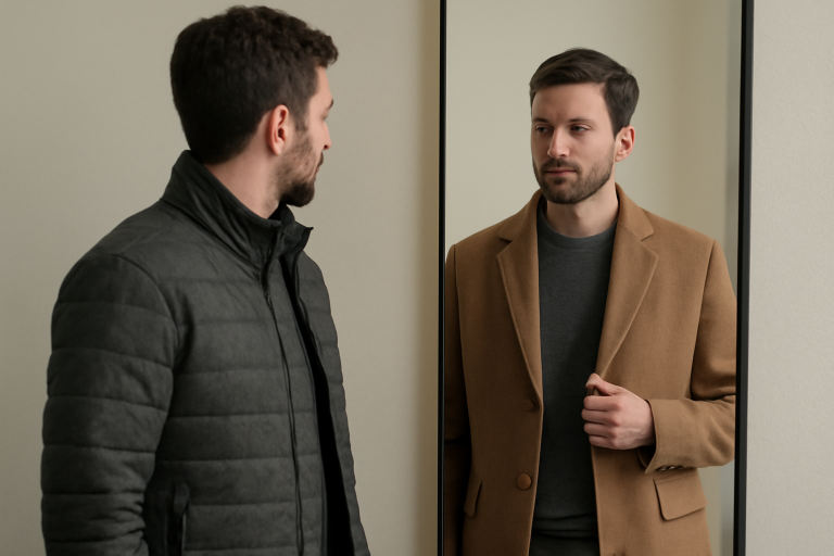 homme portant deux vestes devant miroir