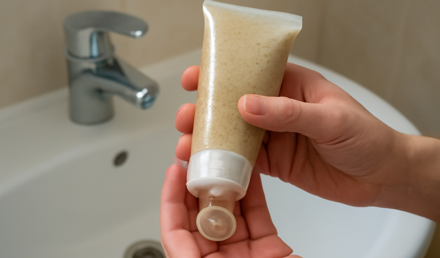 mains tenant gommage doux près lavabo