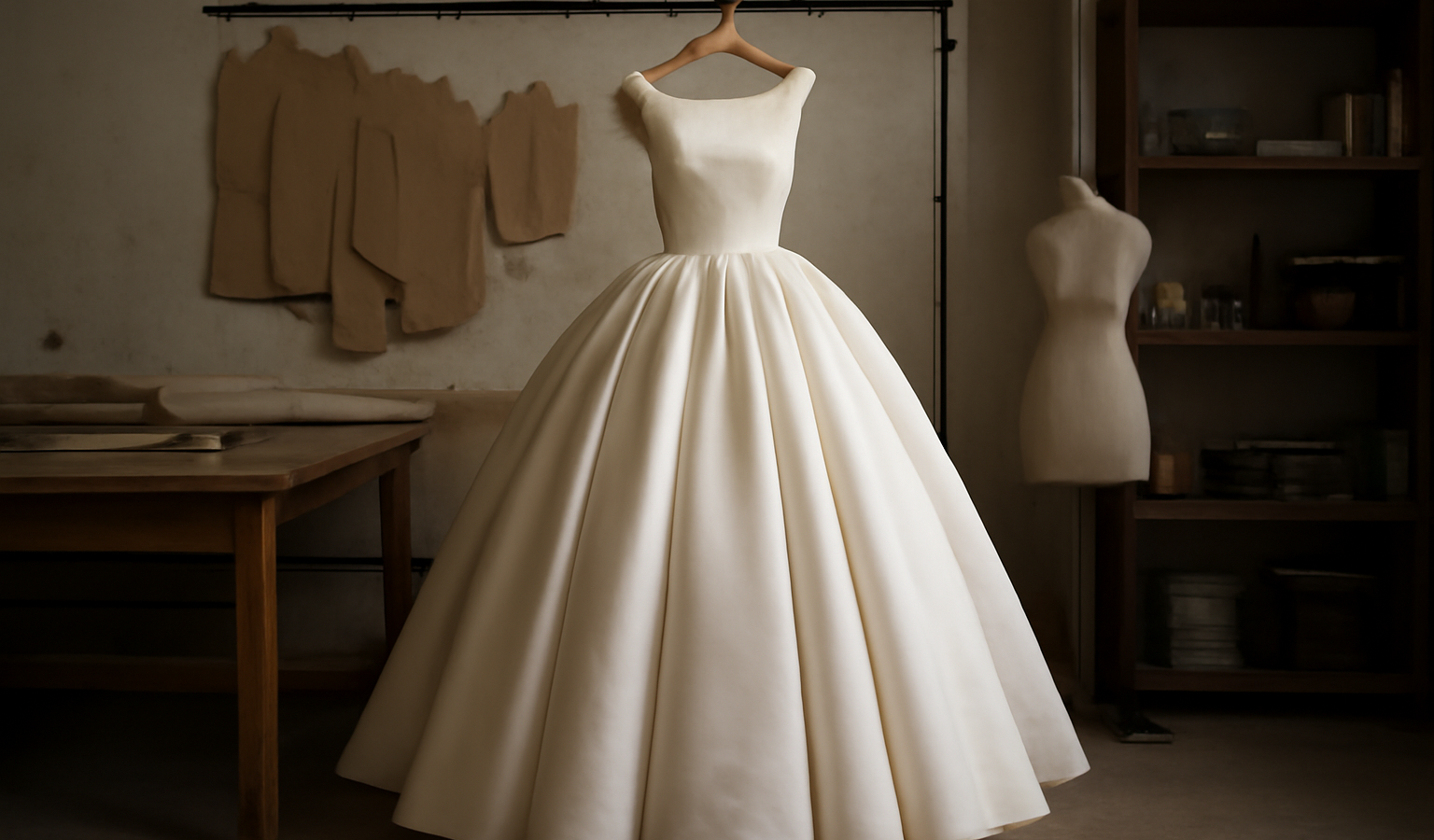 robe volumineuse sur cintre dans un atelier