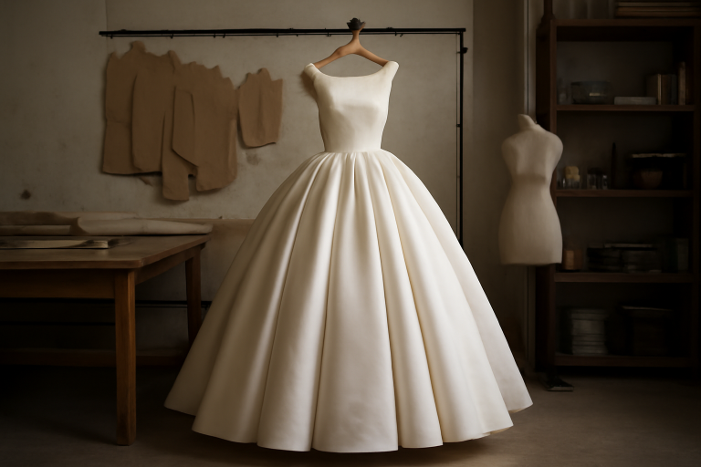 robe volumineuse sur cintre dans un atelier