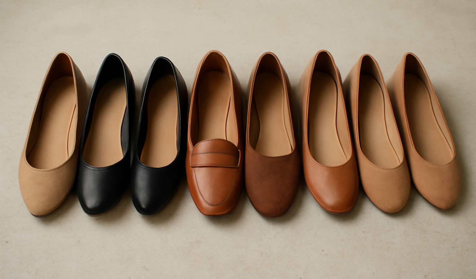 différentes chaussures plates alignées sur sol
