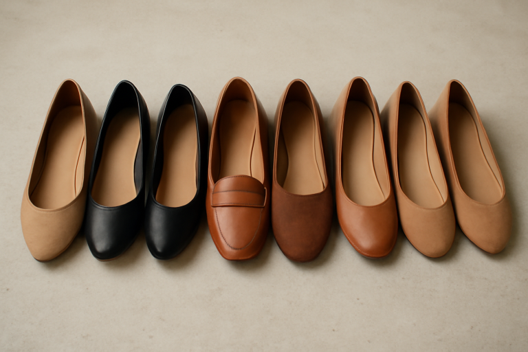 différentes chaussures plates alignées sur sol