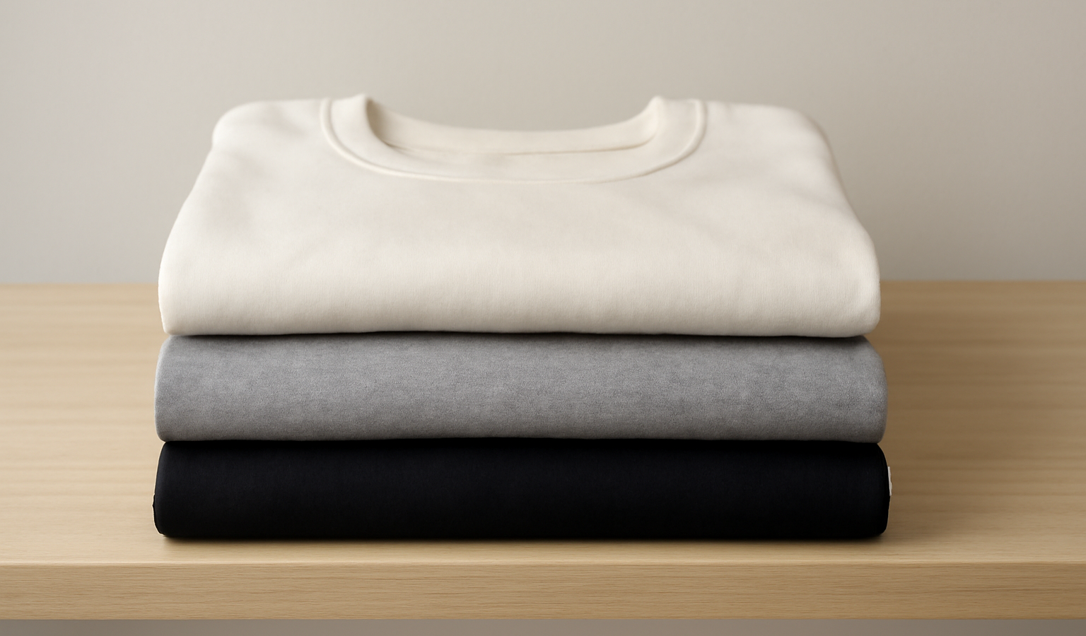 trois basiques plies sur etagere neutre
