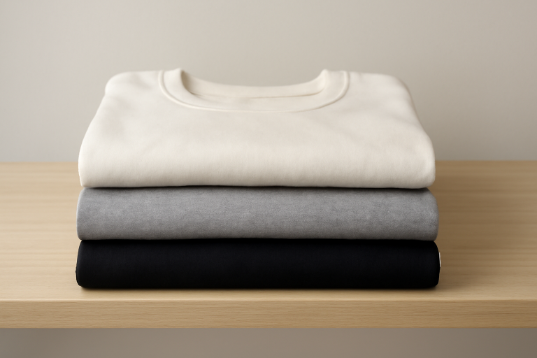 trois basiques plies sur etagere neutre