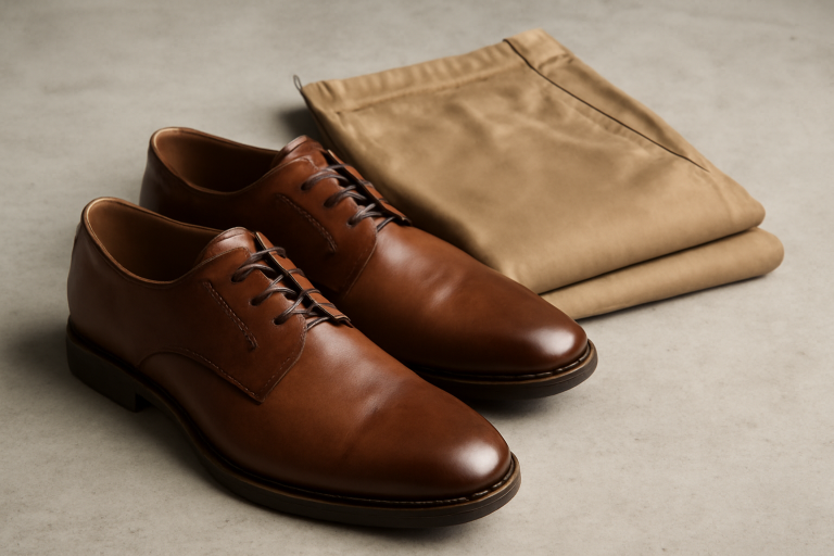 paire de chaussures posées près d'un pantalon plié