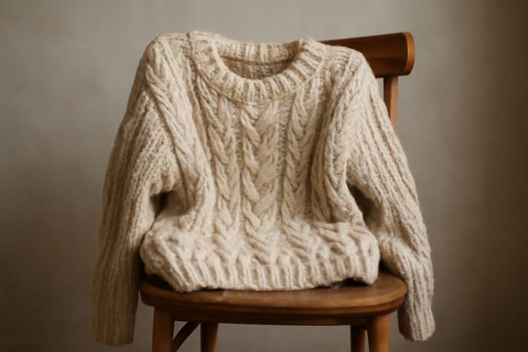 pull en grosse maille posé sur chaise en bois