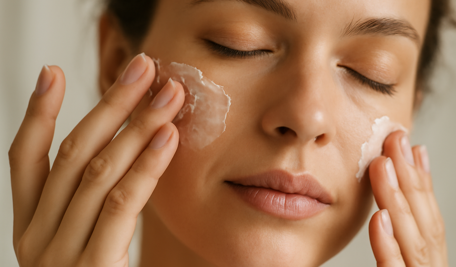 mains appliquant crème légère sur visage