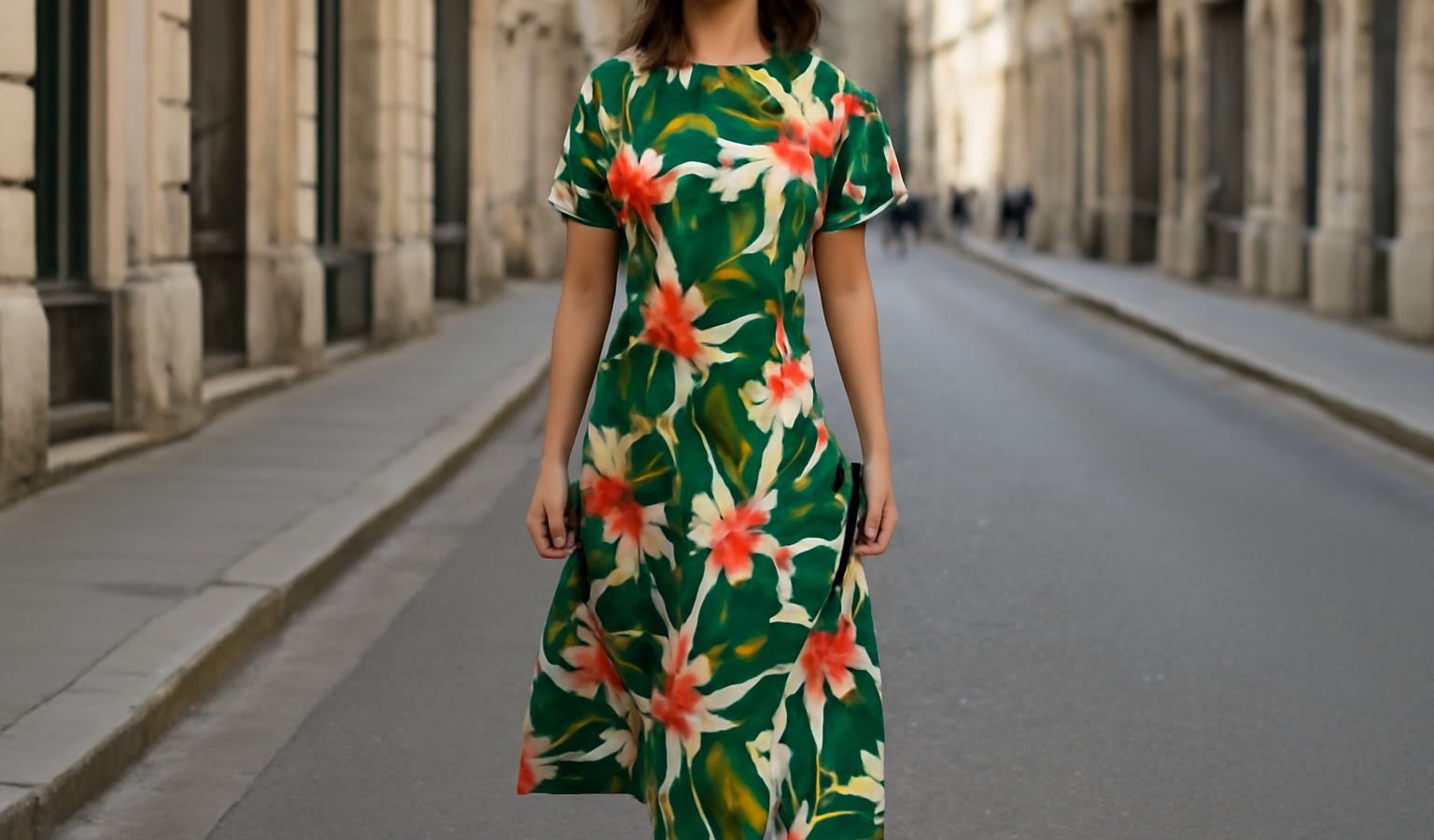 robe a grand imprime portee en rue