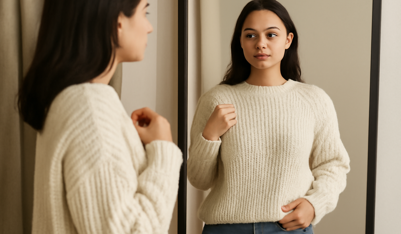 femme essayant un pull devant un miroir