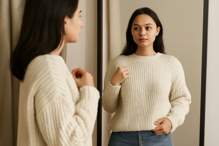 femme essayant un pull devant un miroir