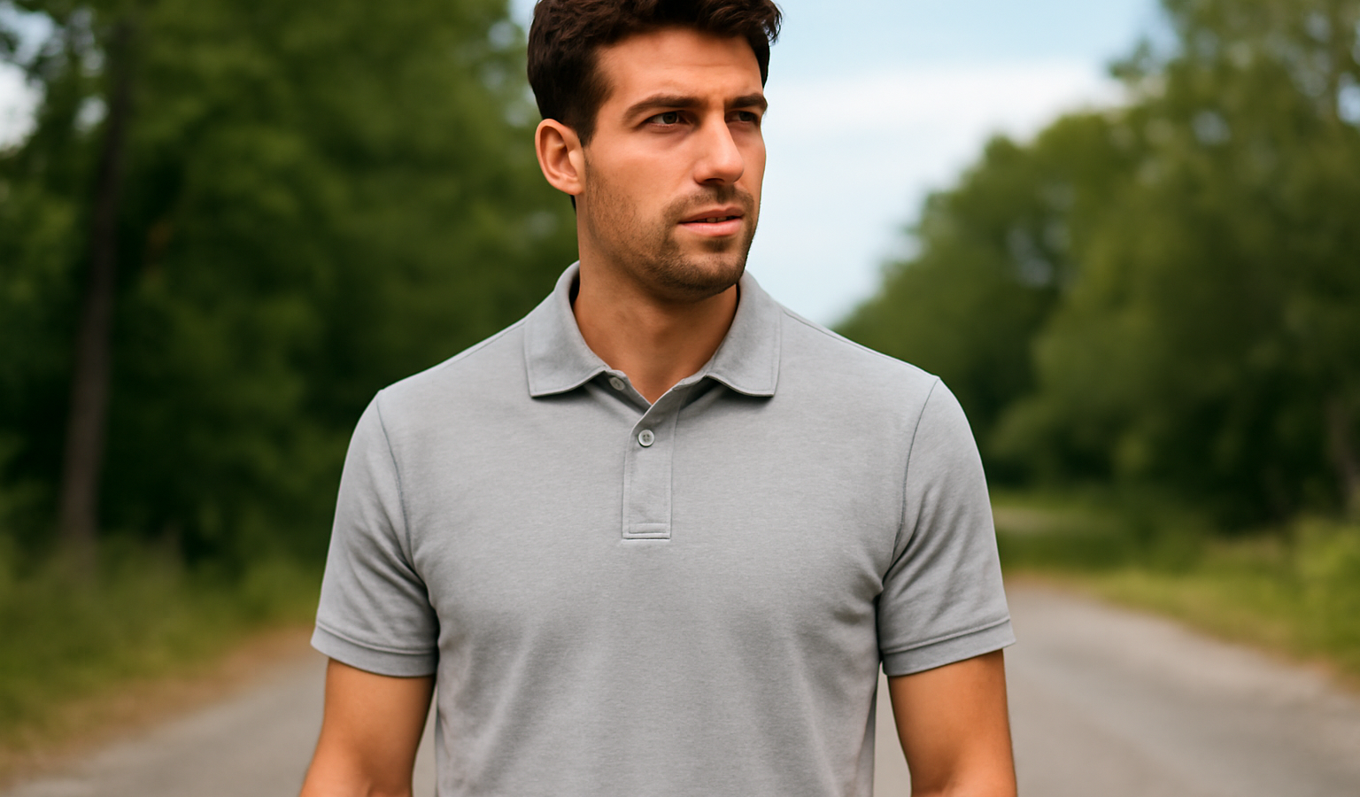 personne portant polo coton en extérieur